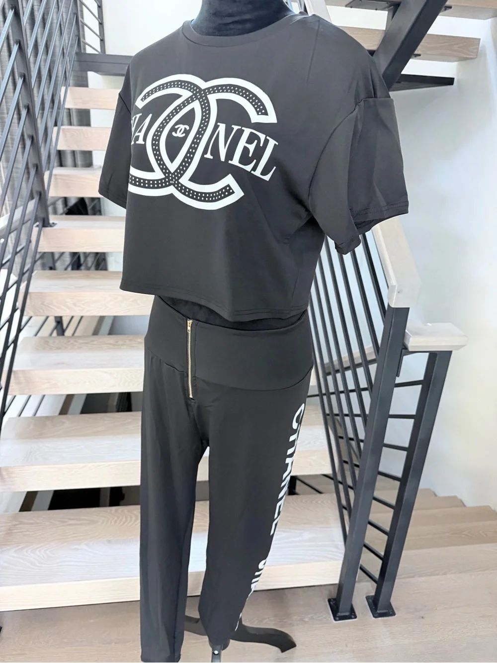 Chanel Black Logo Cropped Top & High-Waist Pants Set size L